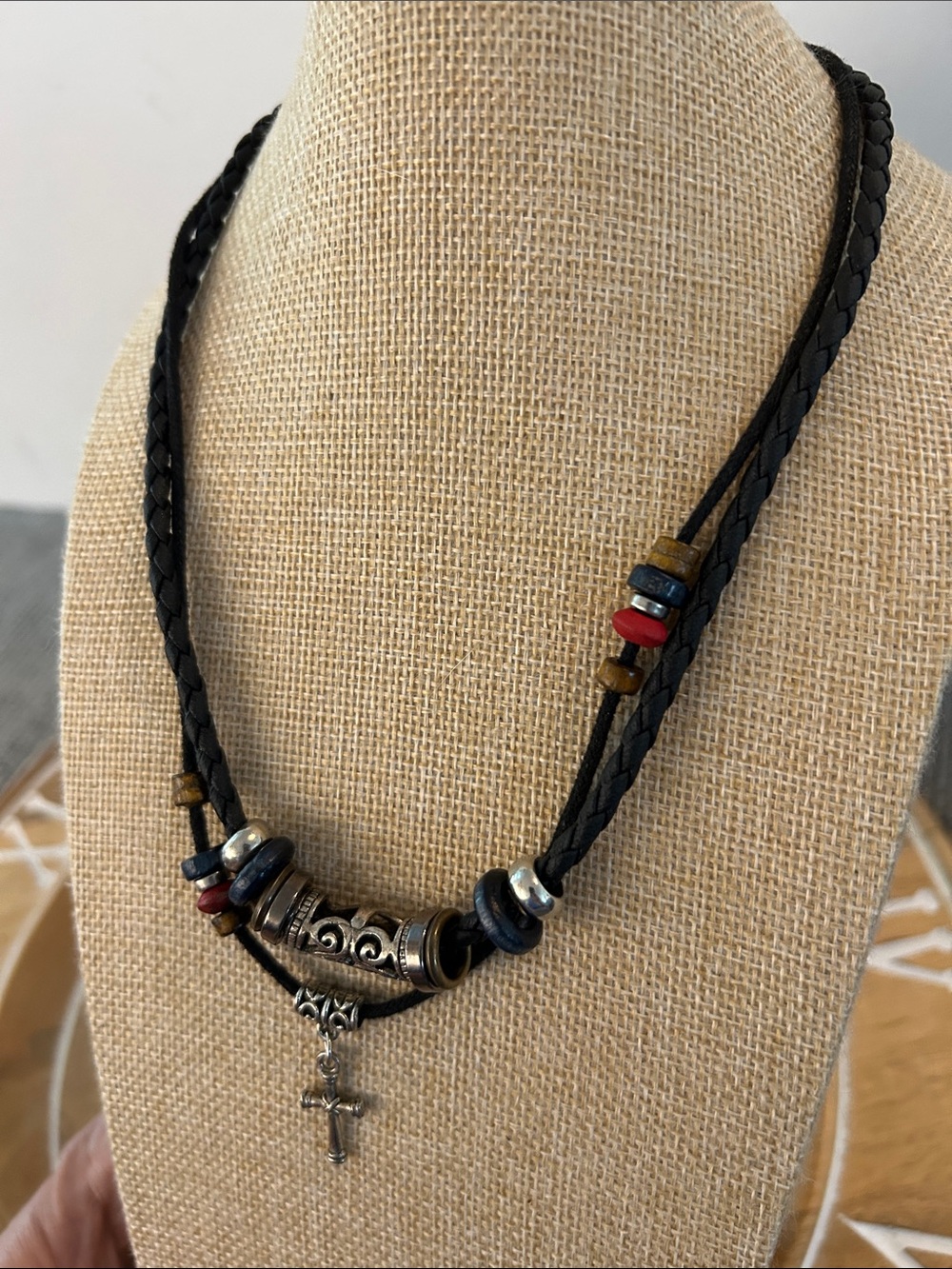 Black Braided Leather Necklace with beads and Silver Cross Pendant adjustable